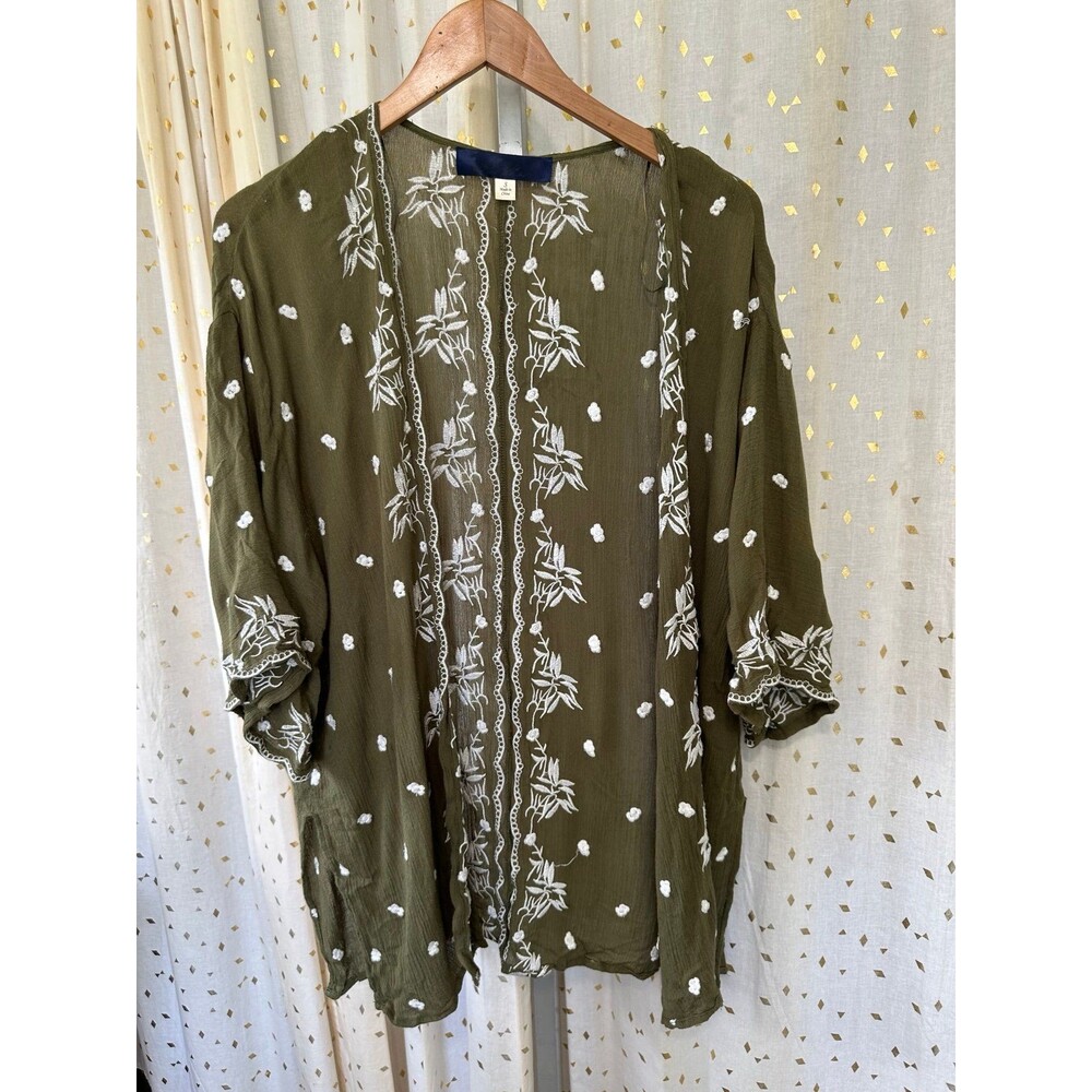 Blue Rain Women's Embroidered Scallop Hem Olive Semi Sheer Open Cardigan S